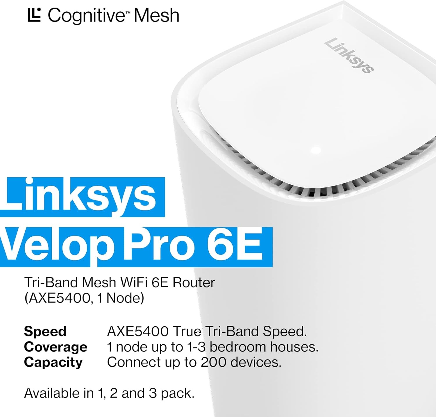 Linksys Velop Pro 6E WiFi Mesh System | One Cognitive Mesh Tri-Band router with 5.4 Gbps (AXE5400) Speed | Coverage up to 3,000 sq ft | Connect 200+ Devices | 1Pk MXEC621 | 2023 Release