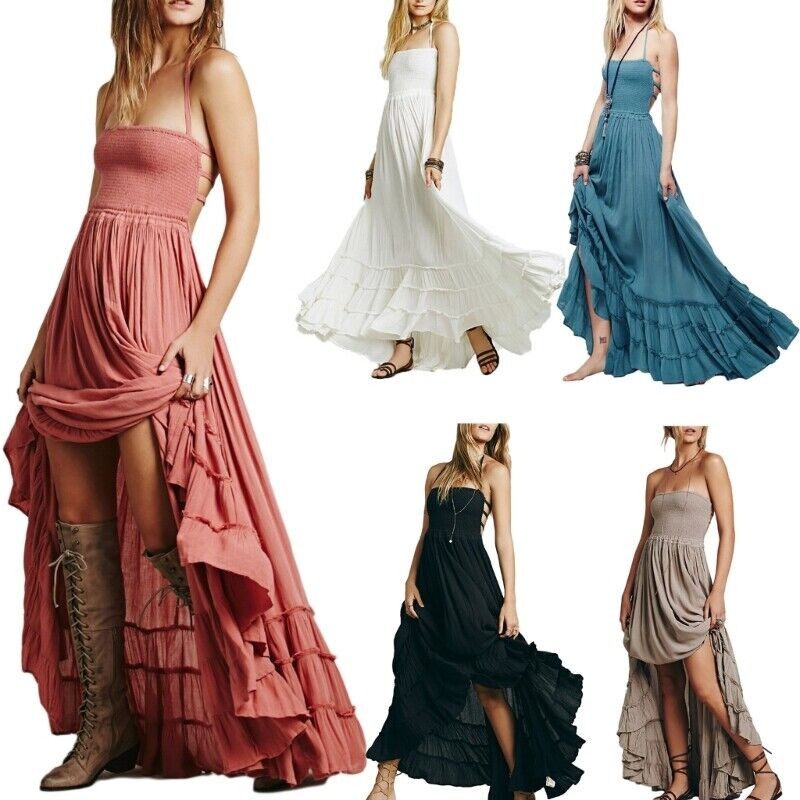 Women's Holder Strap Maxi Dress Solid Color Smocked Long Dress Loose Fit Dress