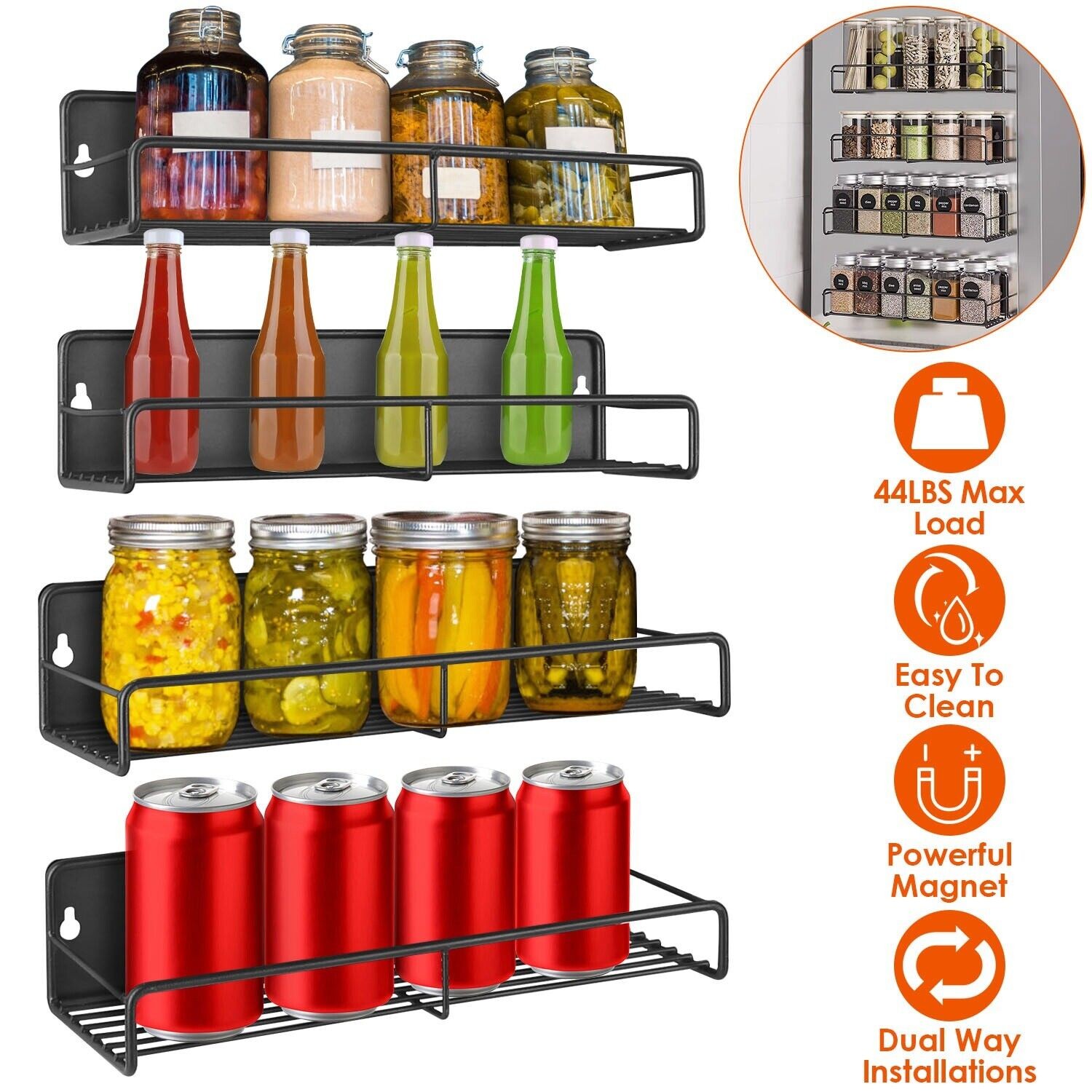 4PC Magnetic Spice Rack Organizer Kitchen Fridge Storage Shelf Wall Shelf Holder